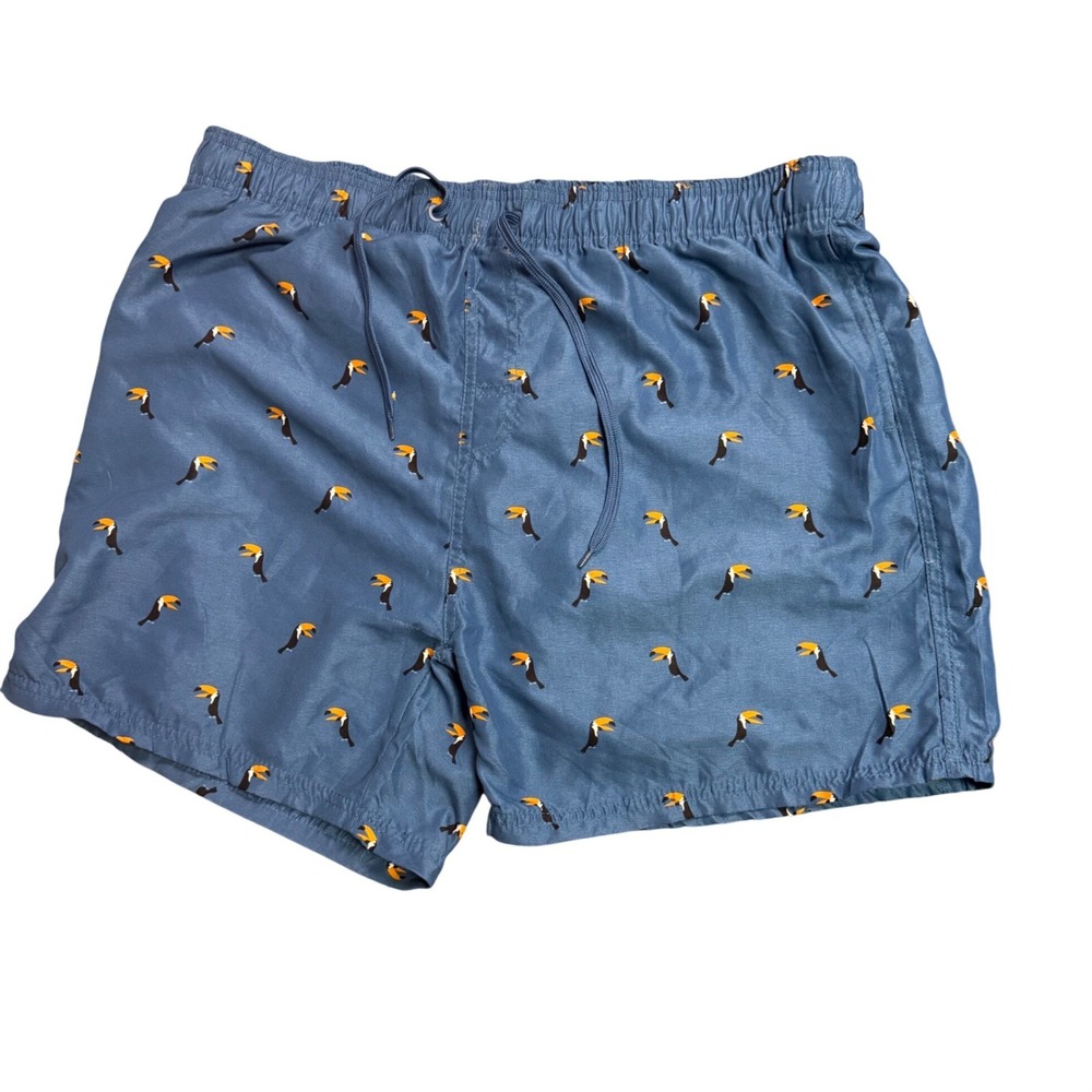 Burnside Men's Blue Toucan Tropical Print Beachwear Swim Shorts Elastic Waist XL